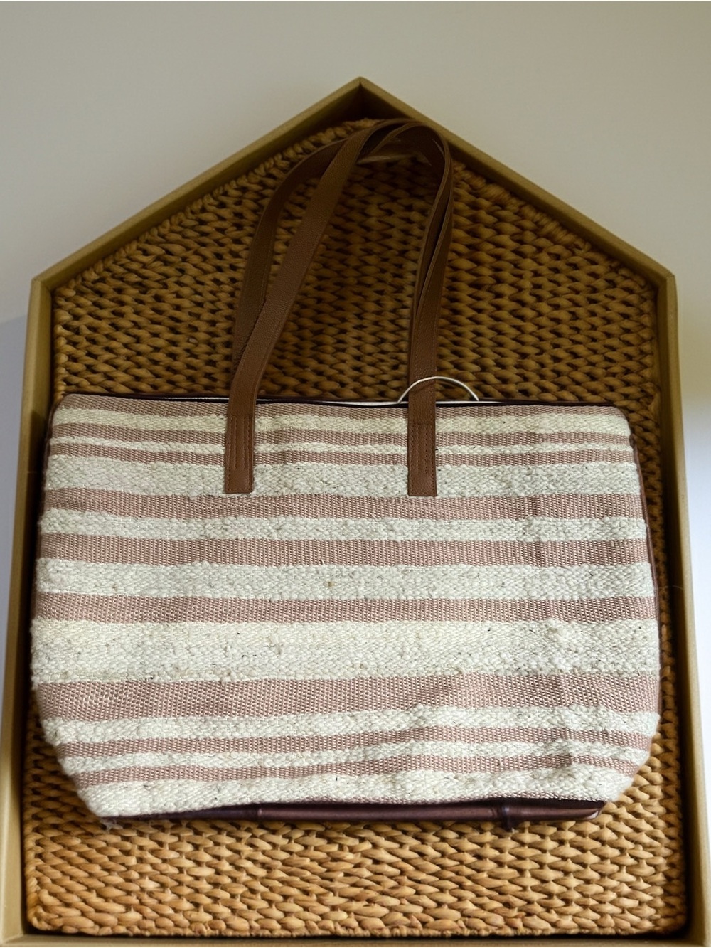Cream and Tan Striped Tote with Burgundy Back